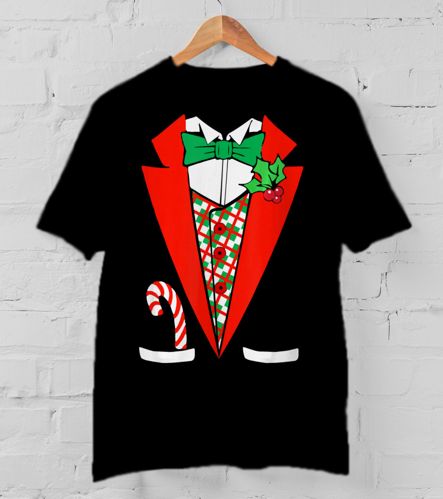 Candy Cane Green Red Tuxedo With Holly Bow Tie T-Shirt