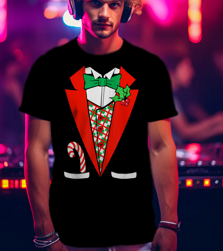 Candy Cane Green Red Tuxedo With Holly Bow Tie T-Shirt