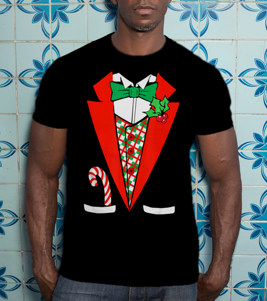 Candy Cane Green Red Tuxedo With Holly Bow Tie T-Shirt