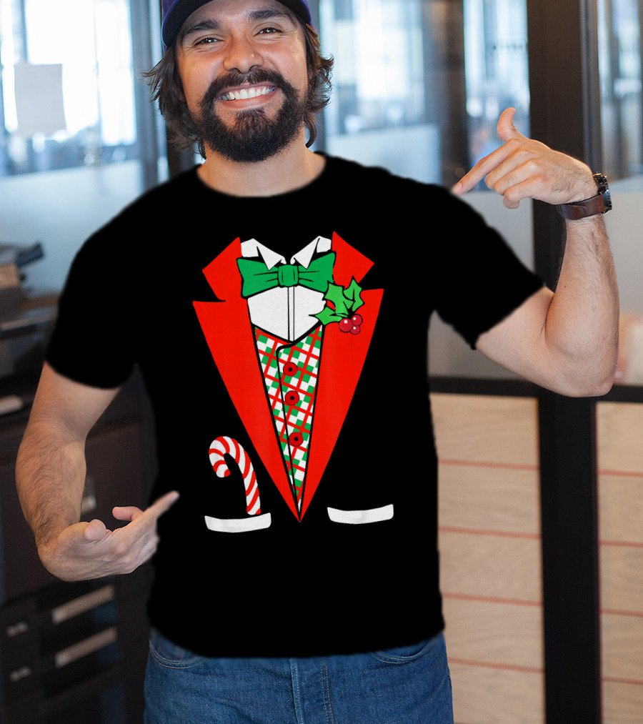 Candy Cane Green Red Tuxedo With Holly Bow Tie T-Shirt