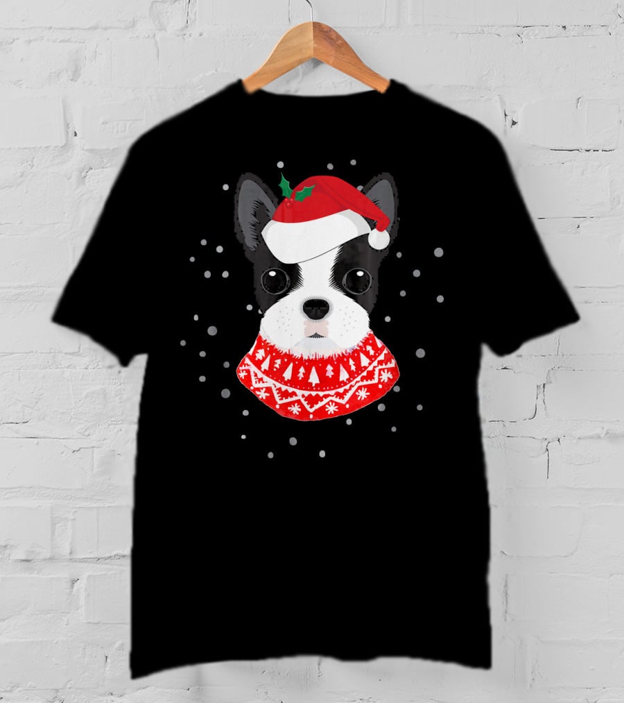 Boston Terrier In Santa Claus Hat With Festive Sweater And Snowflakes T-Shirt