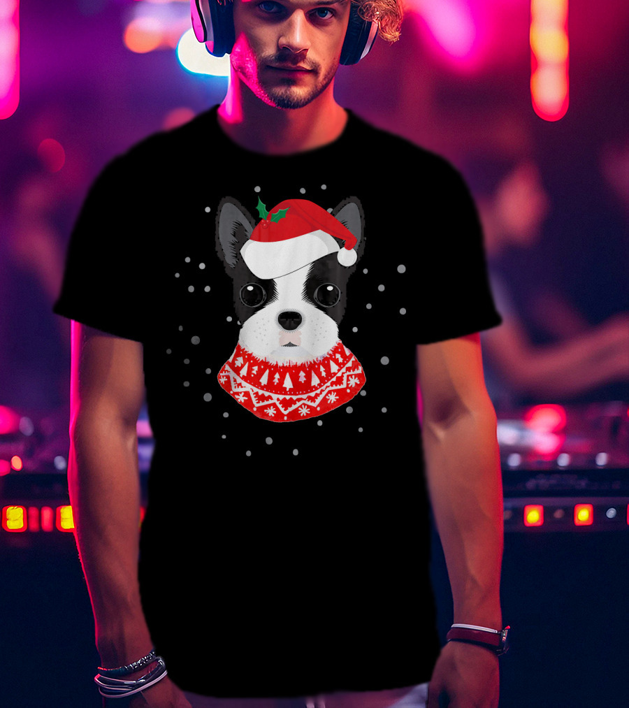 Boston Terrier In Santa Claus Hat With Festive Sweater And Snowflakes T-Shirt