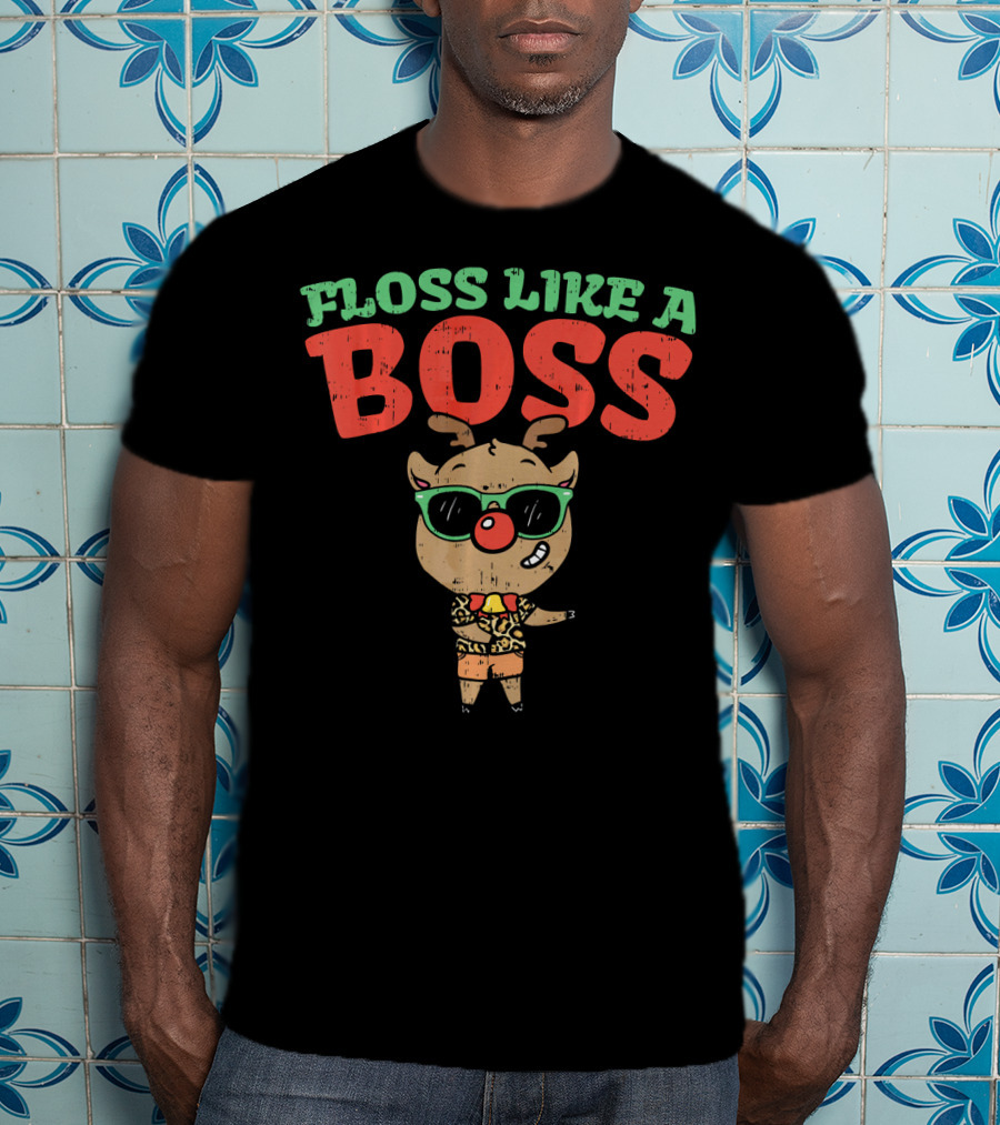 Funky Reindeer Floss Like A Boss In Shades And Festive Attire T-Shirt