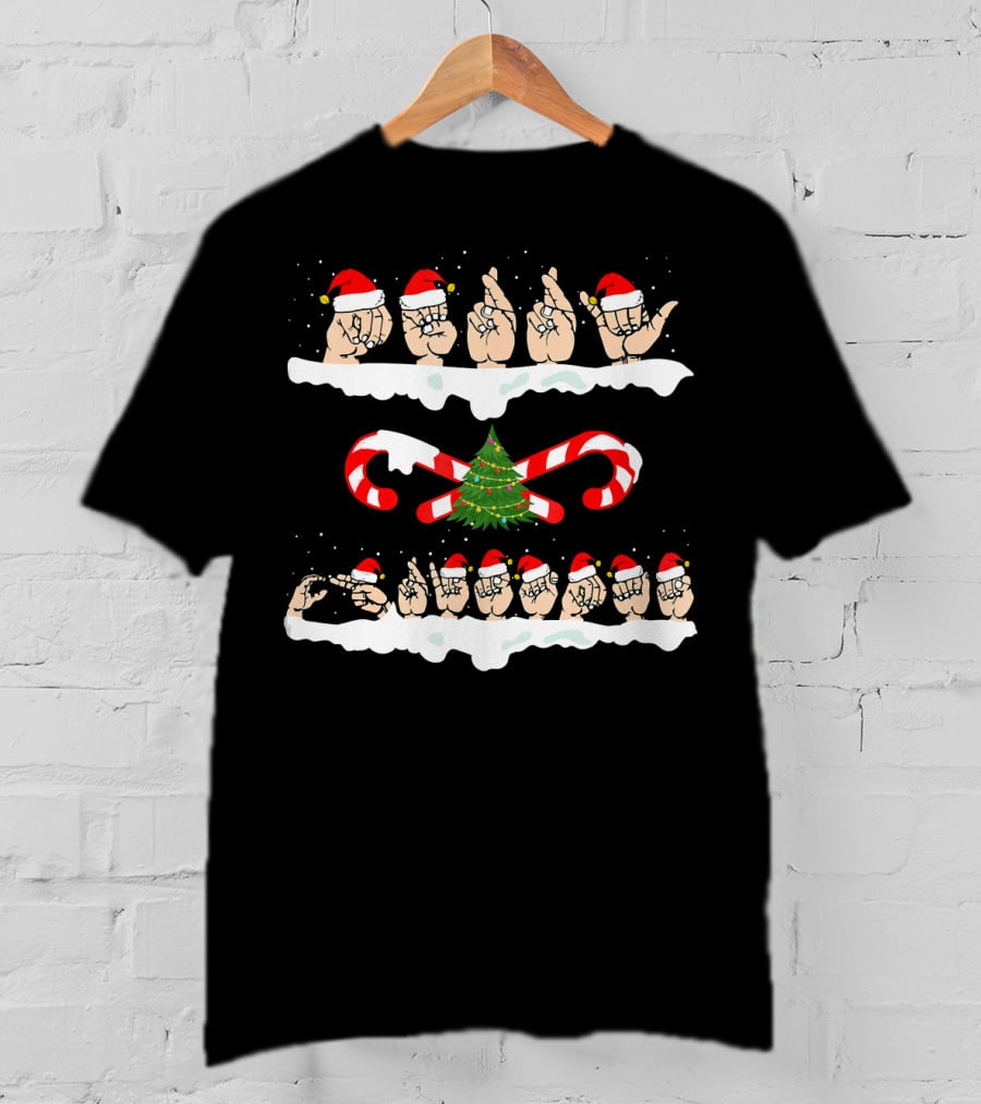 Merry Christmas American Sign Language Santa Hats Candy Cane Snowflake Tree T-Shirt