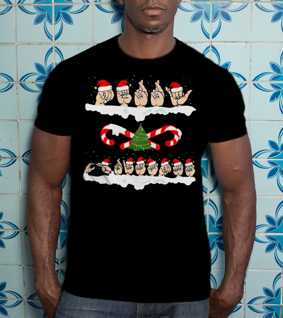 Merry Christmas American Sign Language Santa Hats Candy Cane Snowflake Tree T-Shirt