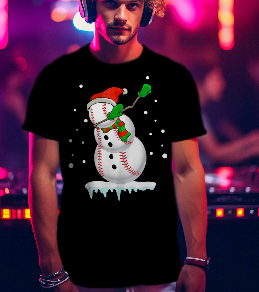 Dabbing Snowman Baseball Christmas Fun T-Shirt