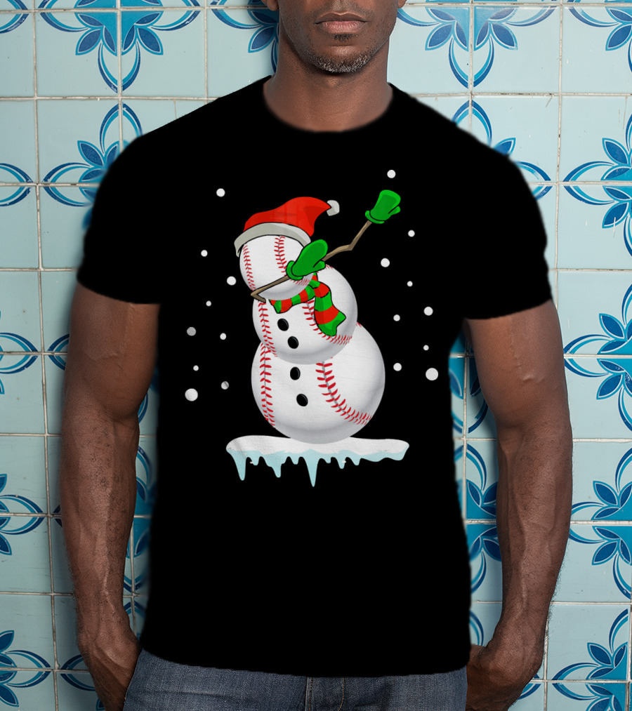 Dabbing Snowman Baseball Christmas Fun T-Shirt
