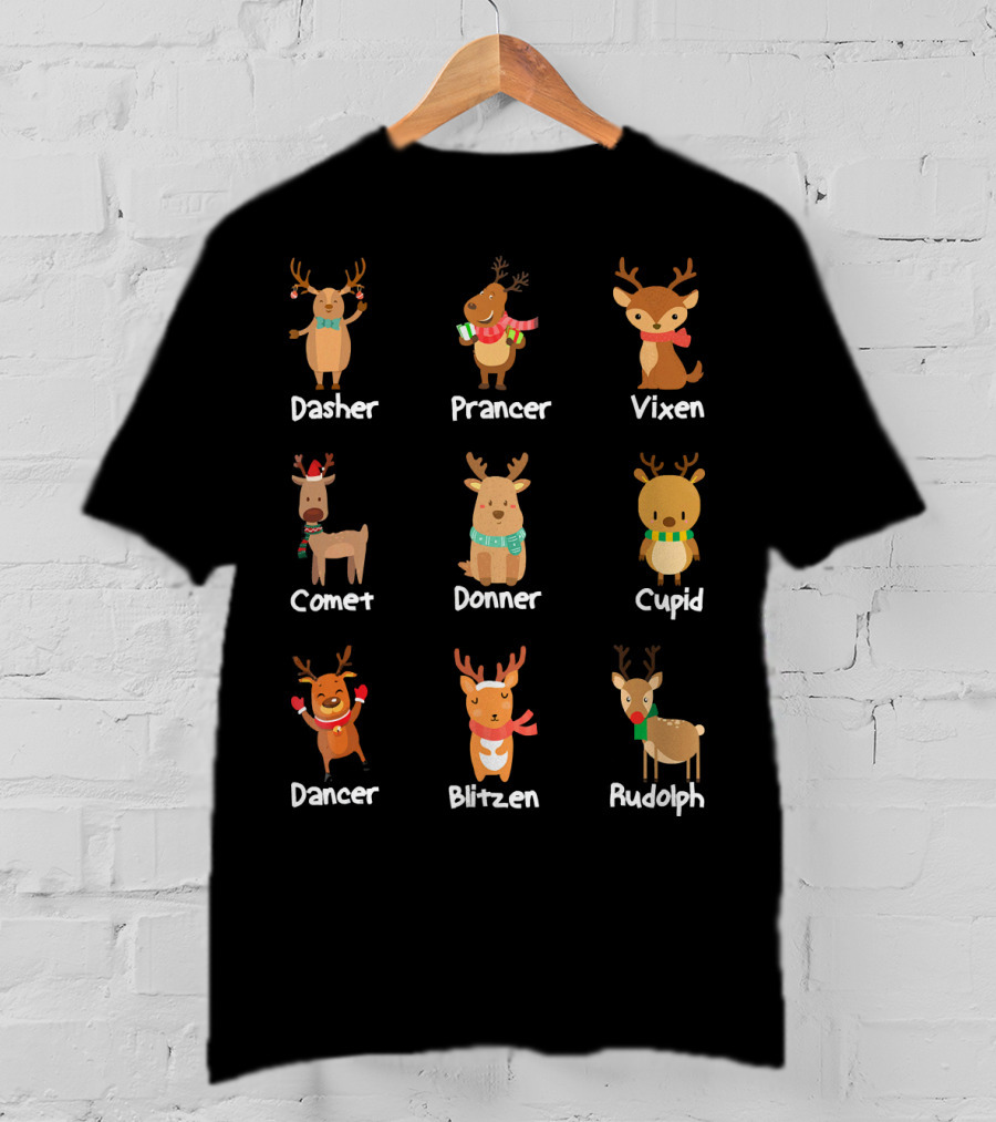 Santa's Reindeer Dasher Prancer Vixen Comet Donner Cupid Dancer Blitzen Rudolph Merry T-Shirt