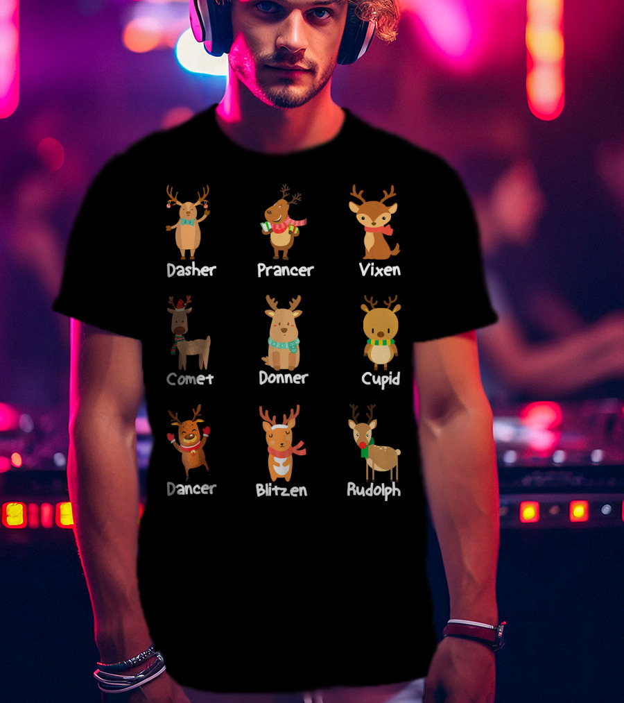 Santa's Reindeer Dasher Prancer Vixen Comet Donner Cupid Dancer Blitzen Rudolph Merry T-Shirt