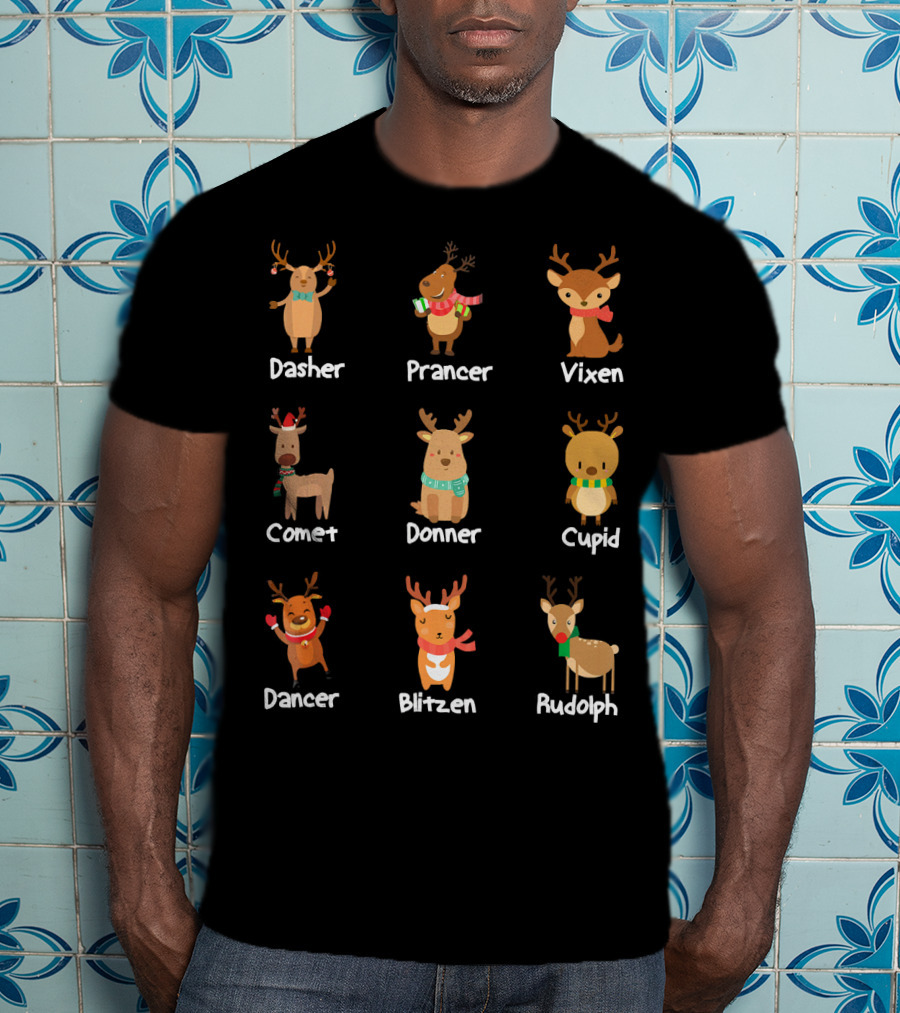 Santa's Reindeer Dasher Prancer Vixen Comet Donner Cupid Dancer Blitzen Rudolph Merry T-Shirt