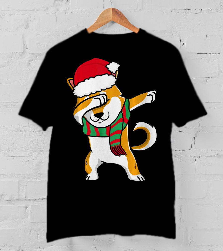 Dabbing Shiba Dog Christmas Santa Hat Scarf T-Shirt