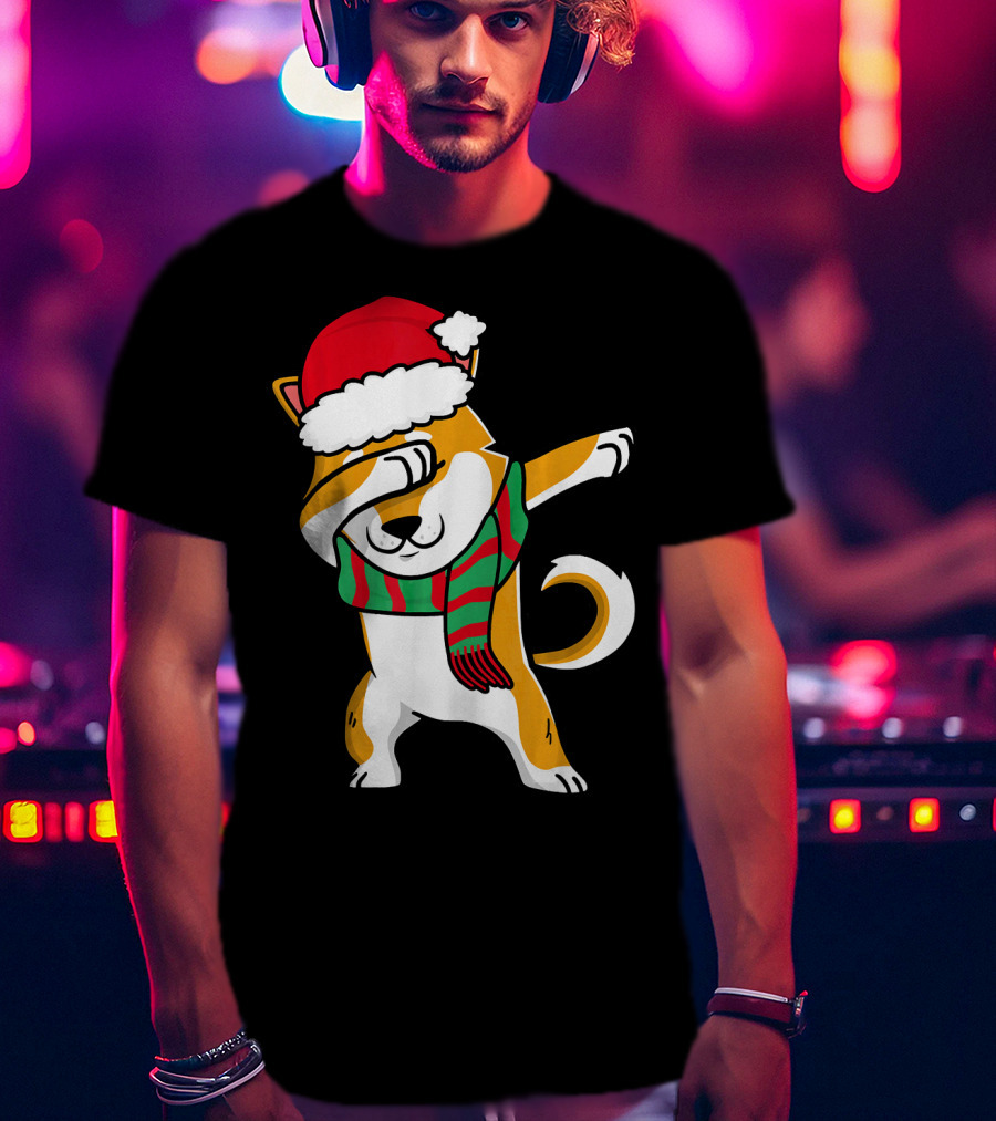Dabbing Shiba Dog Christmas Santa Hat Scarf T-Shirt