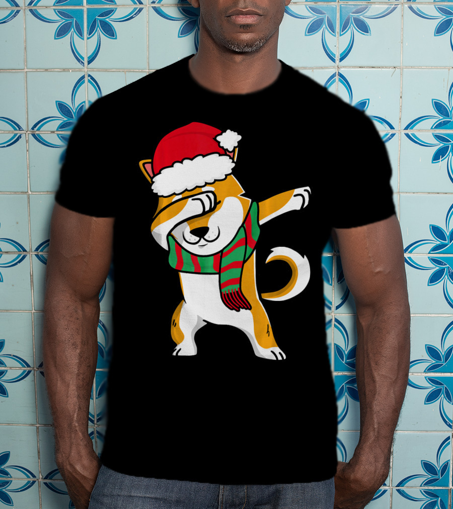 Dabbing Shiba Dog Christmas Santa Hat Scarf T-Shirt