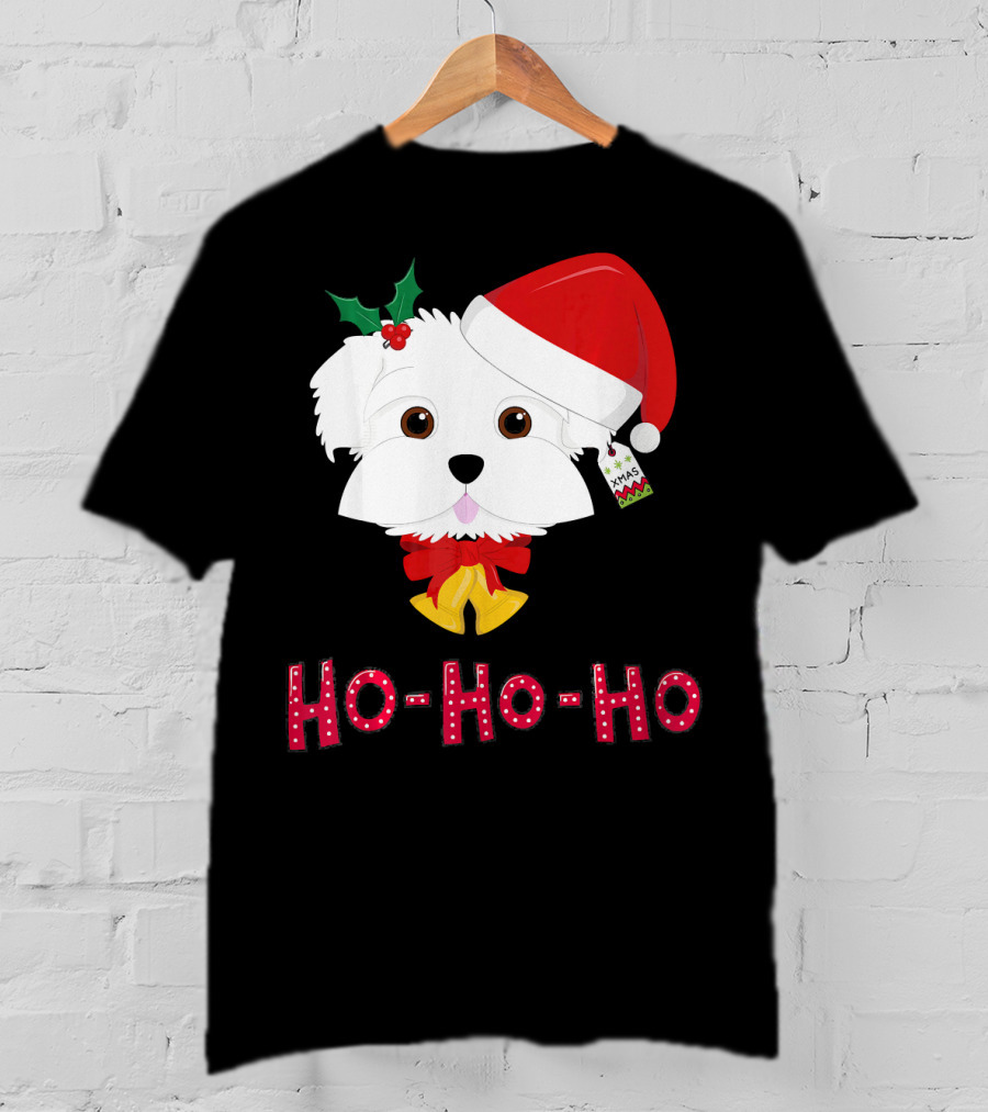 Maltese Dog In Santa Hat With Holly And Ho-Ho-Ho Text T-Shirt