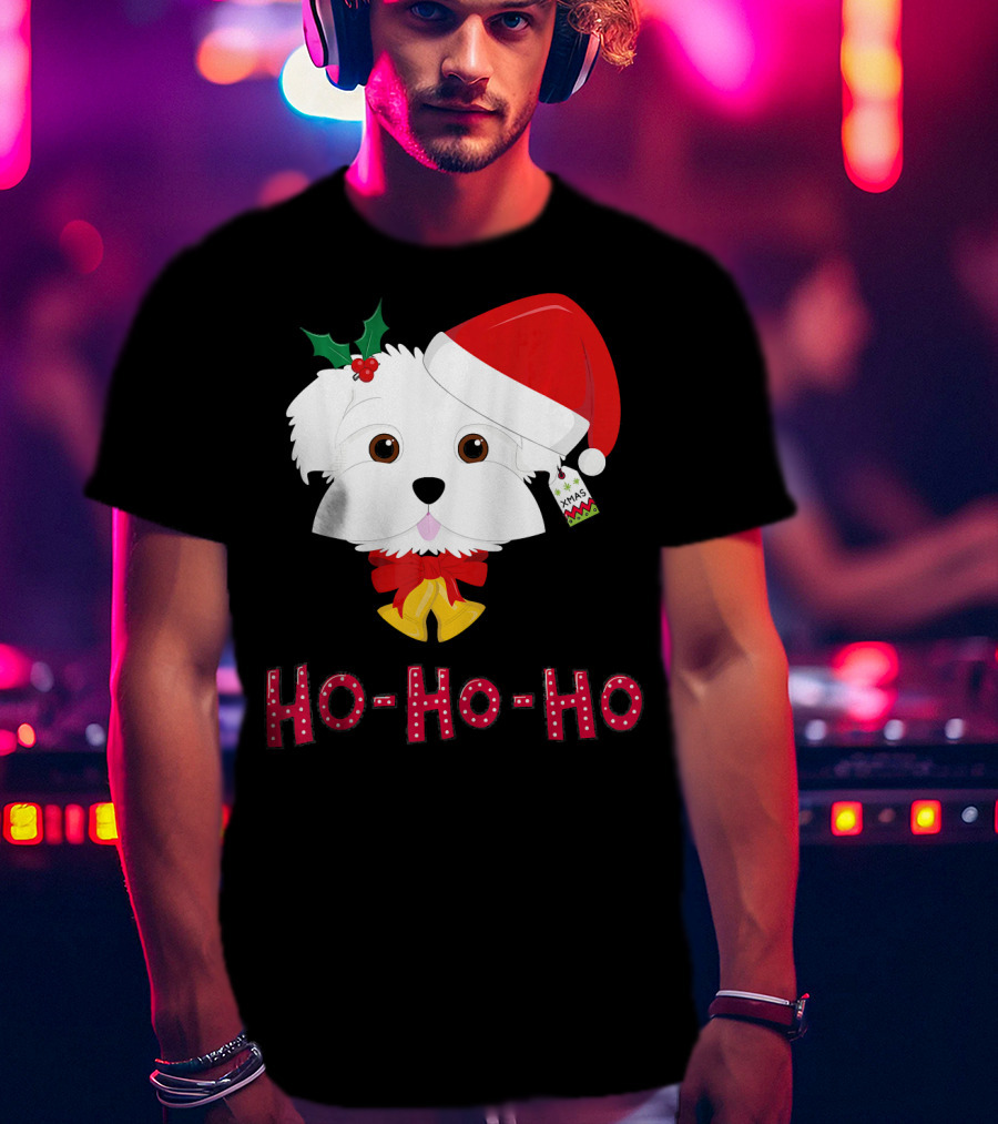 Maltese Dog In Santa Hat With Holly And Ho-Ho-Ho Text T-Shirt