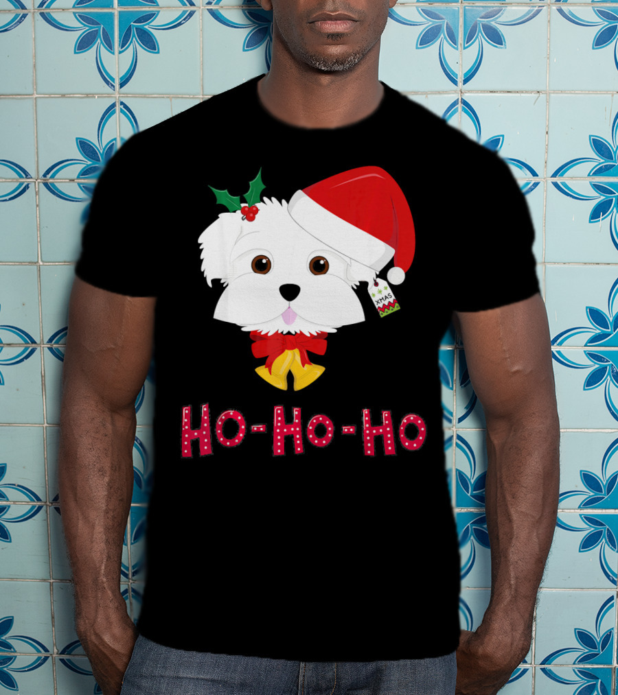 Maltese Dog In Santa Hat With Holly And Ho-Ho-Ho Text T-Shirt