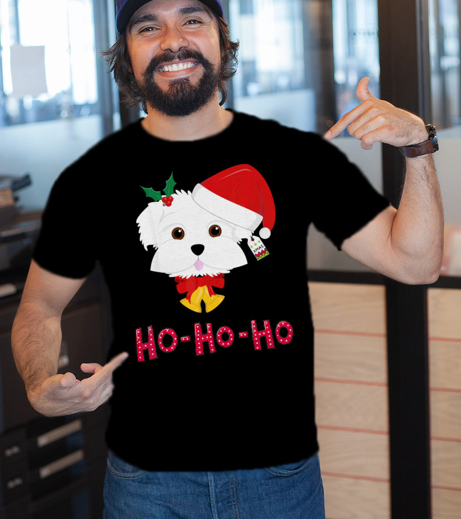 Maltese Dog In Santa Hat With Holly And Ho-Ho-Ho Text T-Shirt