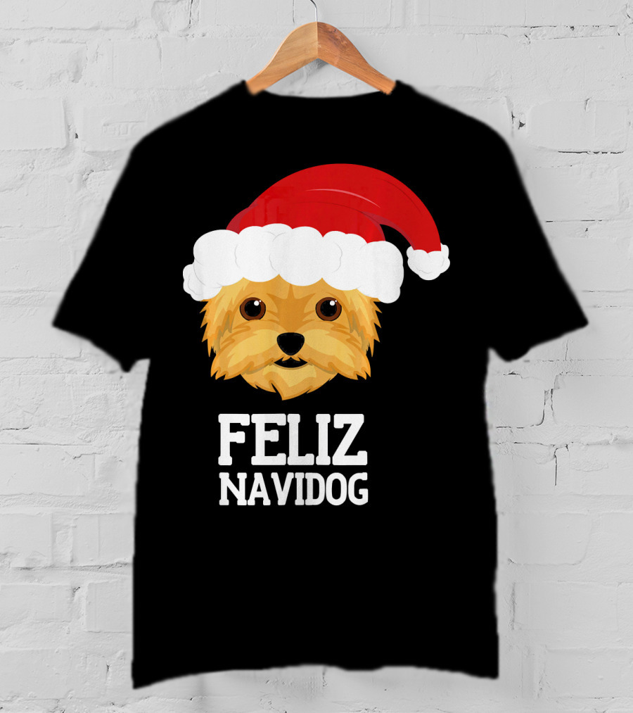 Feliz Navidog Merry Christmas Yorksh Dog Santa Hat T-Shirt