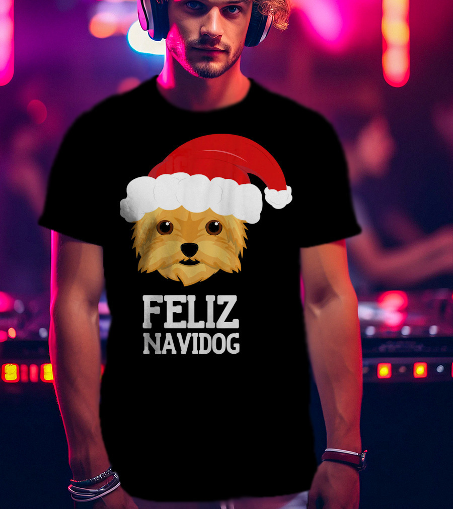 Feliz Navidog Merry Christmas Yorksh Dog Santa Hat T-Shirt