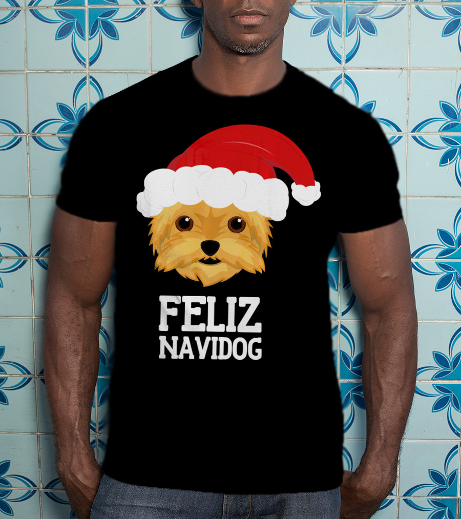 Feliz Navidog Merry Christmas Yorksh Dog Santa Hat T-Shirt