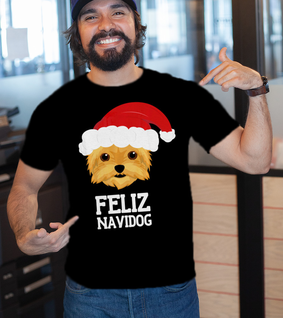 Feliz Navidog Merry Christmas Yorksh Dog Santa Hat T-Shirt