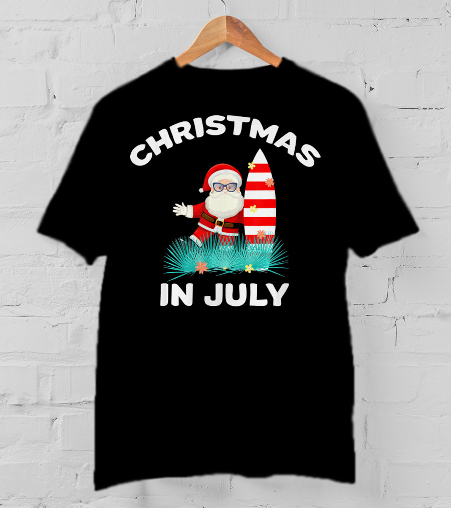 Christmas In July Santa Surfing With Hawaiian Flair T-Shirt