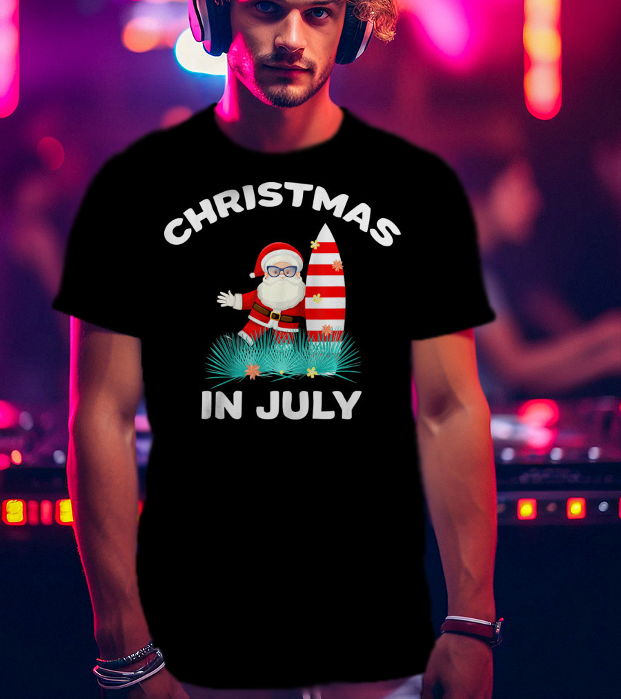Christmas In July Santa Surfing With Hawaiian Flair T-Shirt