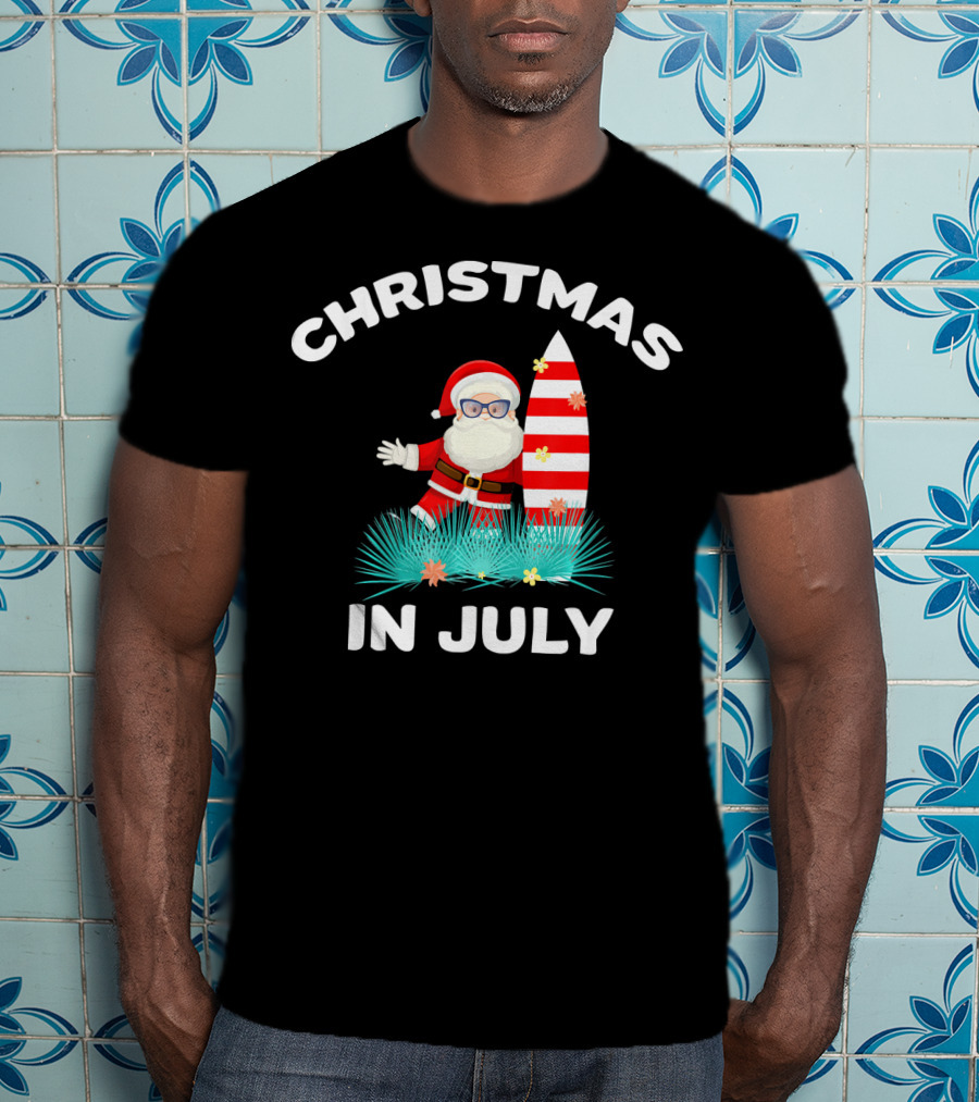 Christmas In July Santa Surfing With Hawaiian Flair T-Shirt