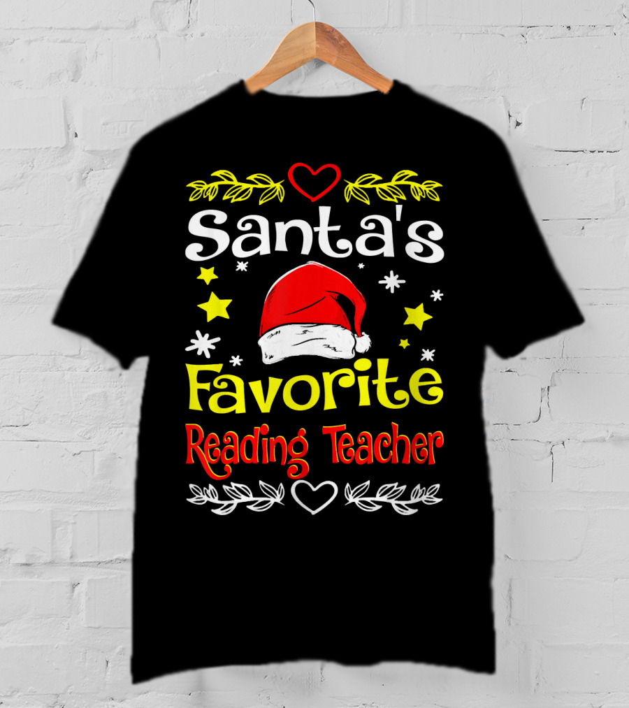 Santa's Favorite Reading Teacher Christmas Hat And Stars T-Shirt