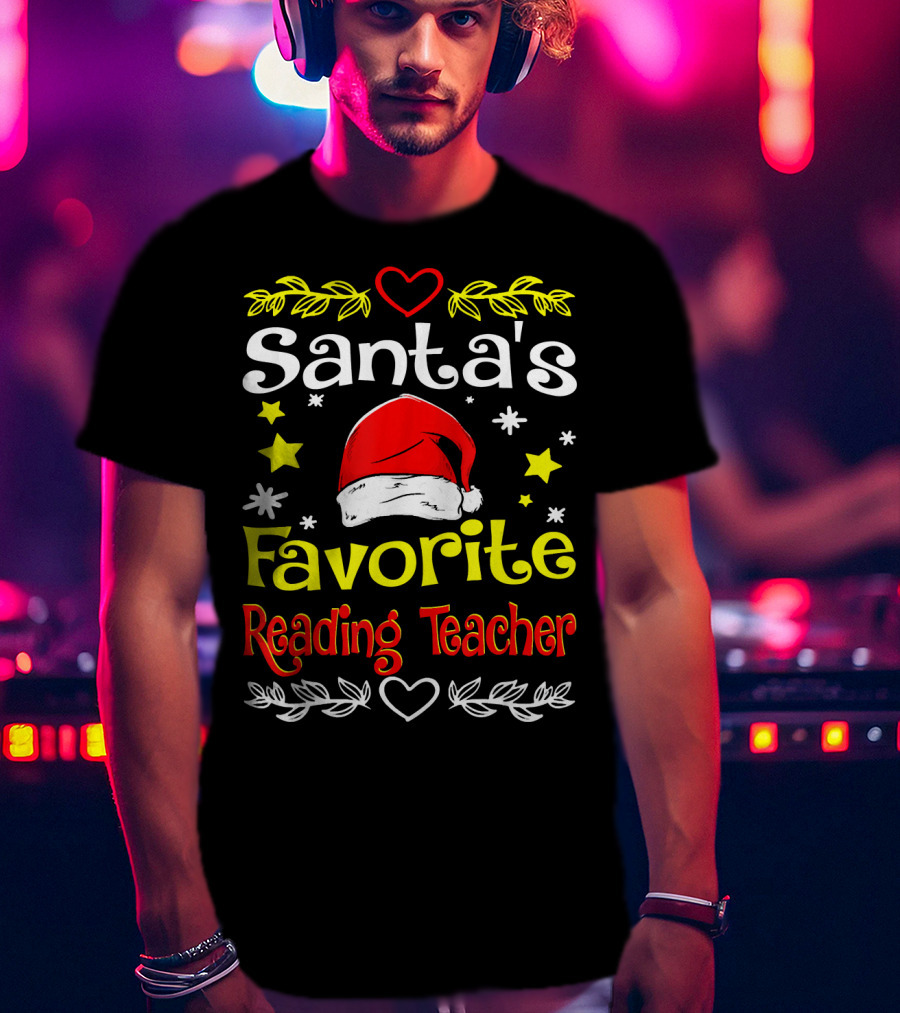 Santa's Favorite Reading Teacher Christmas Hat And Stars T-Shirt