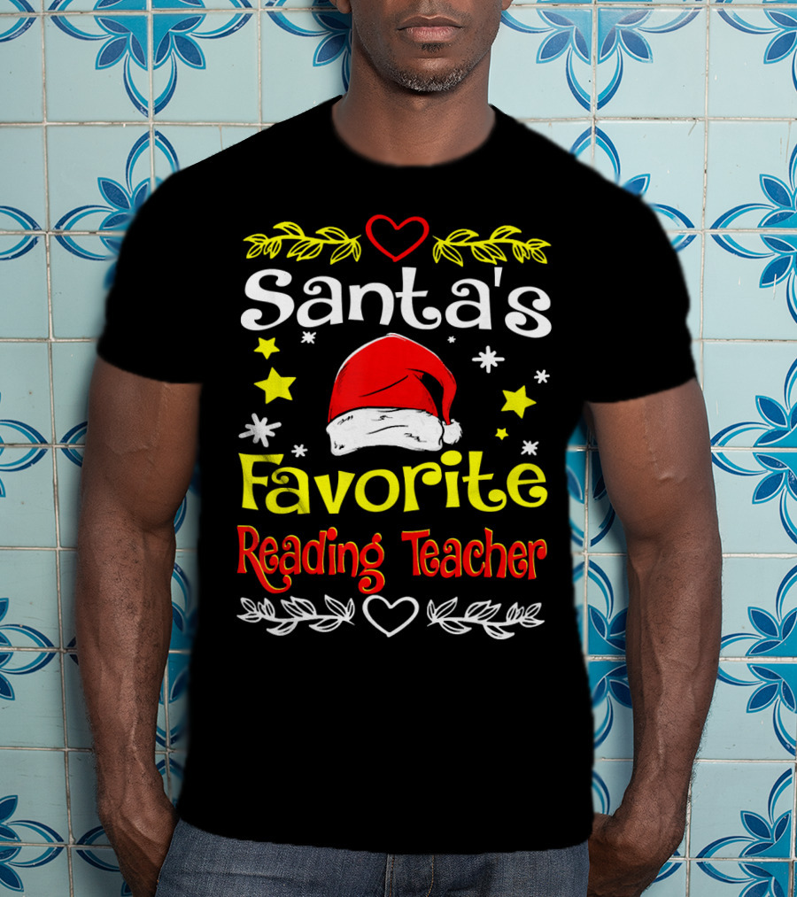 Santa's Favorite Reading Teacher Christmas Hat And Stars T-Shirt