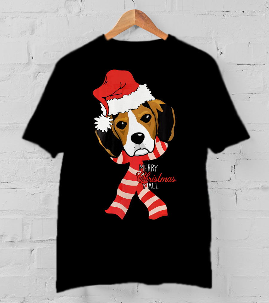 Merry Christmas Y'all Beagle Dog In Santa Hat And Striped Pajamas T-Shirt