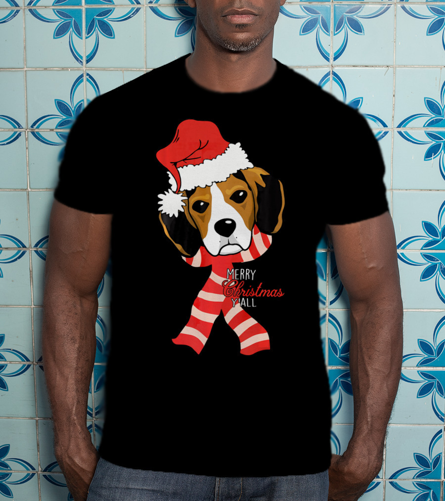 Merry Christmas Y'all Beagle Dog In Santa Hat And Striped Pajamas T-Shirt
