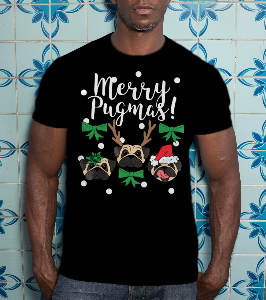 Merry Pugmas Pug Dogs With Christmas Antlers Santa Hat Bows And Snowflakes T-Shirt