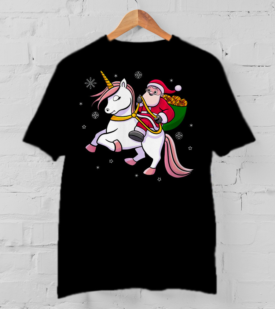 Santa Riding Unicorn With Presents For Cute Girls T-Shirt