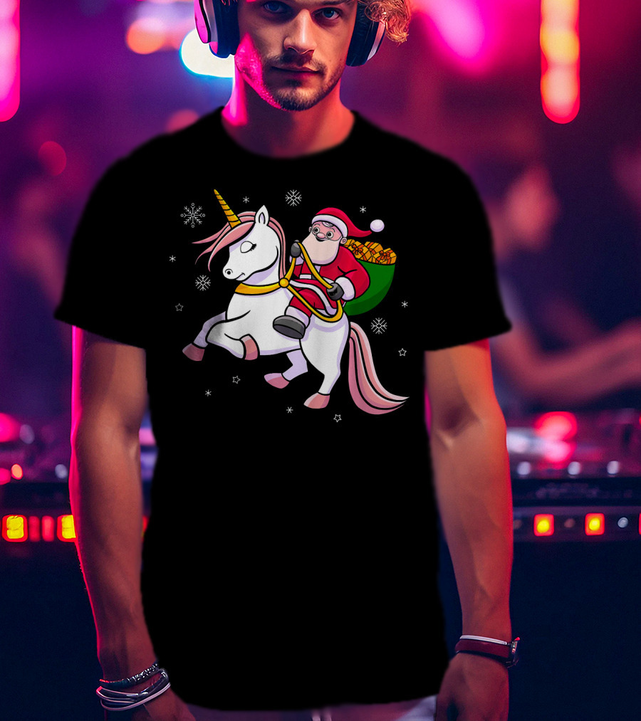 Santa Riding Unicorn With Presents For Cute Girls T-Shirt