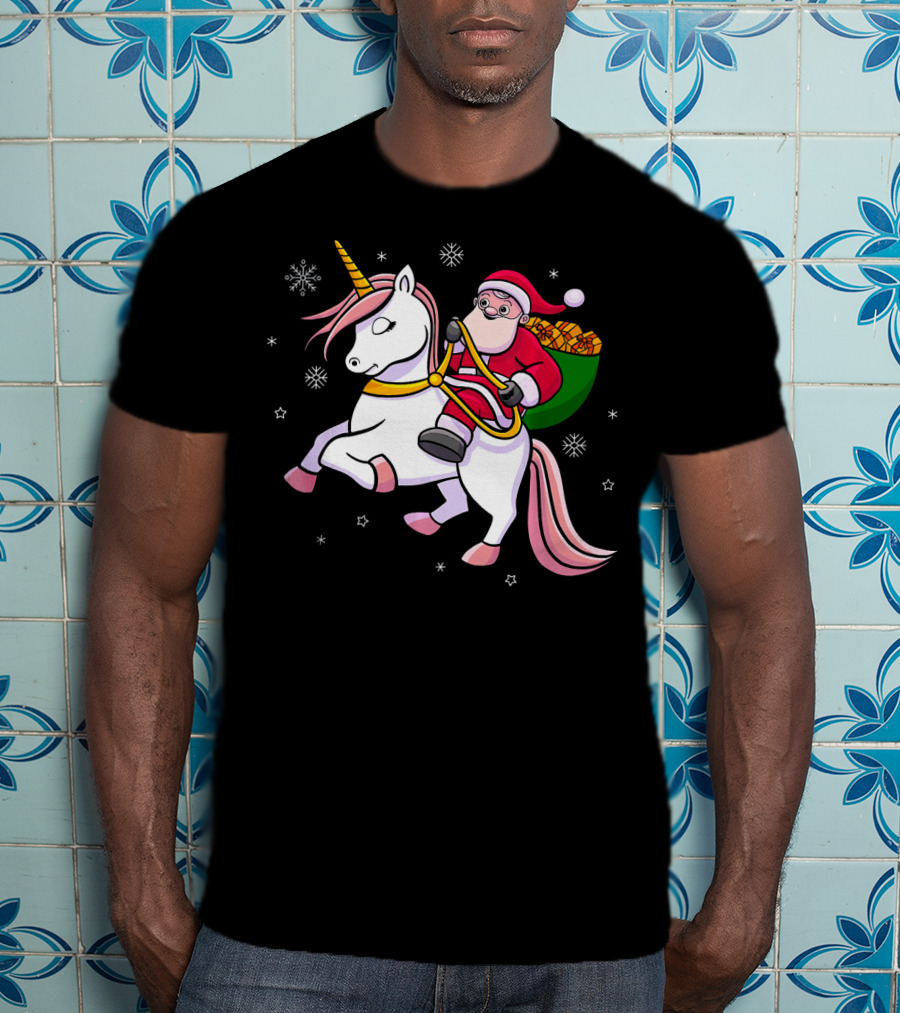 Santa Riding Unicorn With Presents For Cute Girls T-Shirt