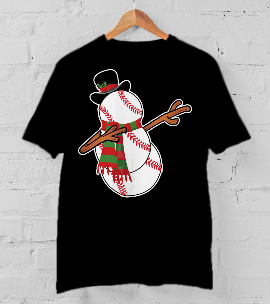 Dabbing Baseball Snowman In Top Hat With Festive Scarf T-Shirt