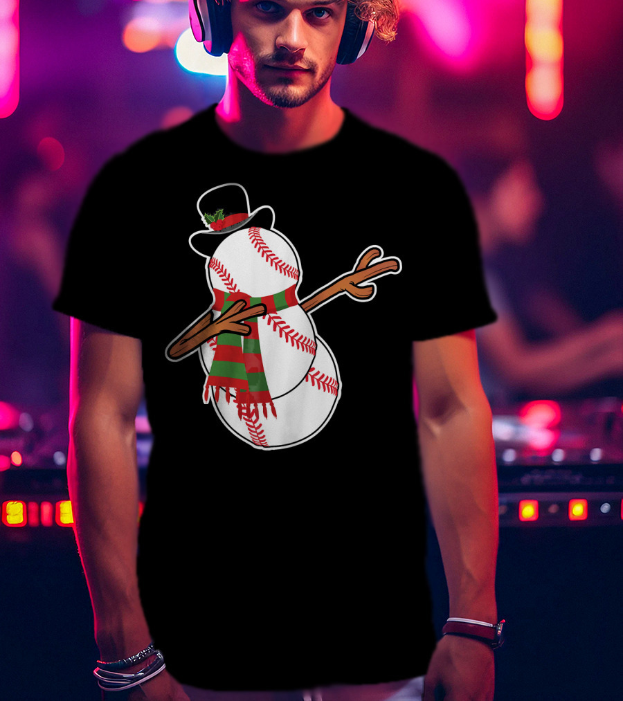 Dabbing Baseball Snowman In Top Hat With Festive Scarf T-Shirt