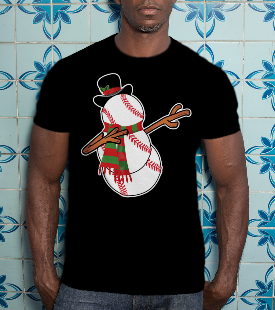 Dabbing Baseball Snowman In Top Hat With Festive Scarf T-Shirt