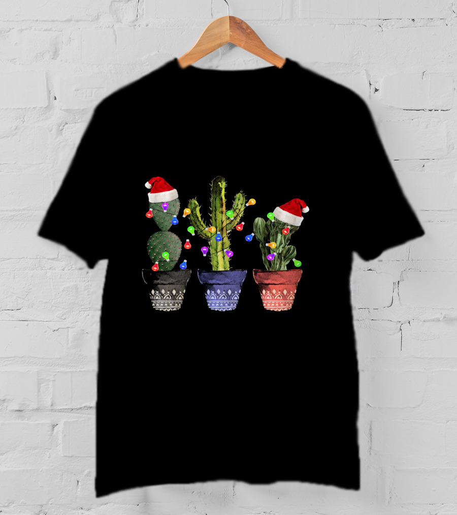 Cactus Christmas Lights Santa Hats Festive Holiday Decor T-Shirt