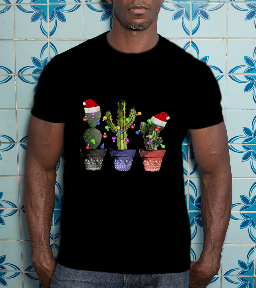 Cactus Christmas Lights Santa Hats Festive Holiday Decor T-Shirt