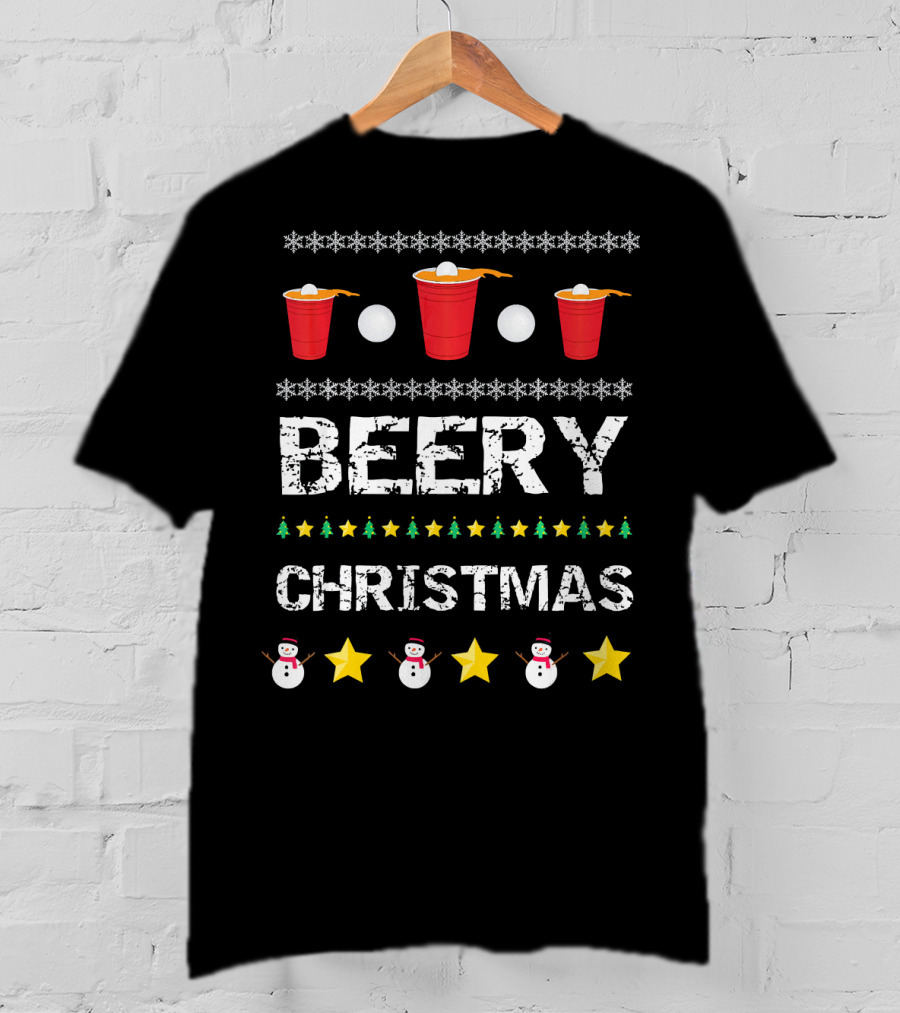 Beery Christmas Beer Pong Snowflakes Stars And Snowmen T-Shirt
