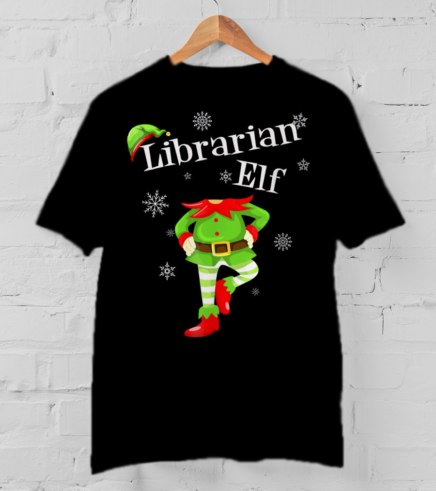 Librarian Elf In Green Outfit With Snowflakes And Red Hat T-Shirt