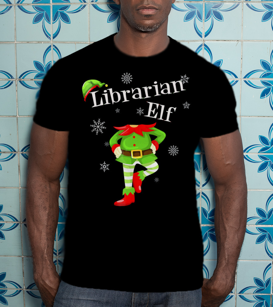 Librarian Elf In Green Outfit With Snowflakes And Red Hat T-Shirt
