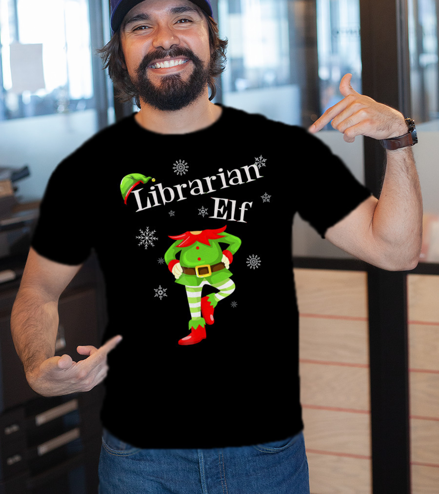 Librarian Elf In Green Outfit With Snowflakes And Red Hat T-Shirt