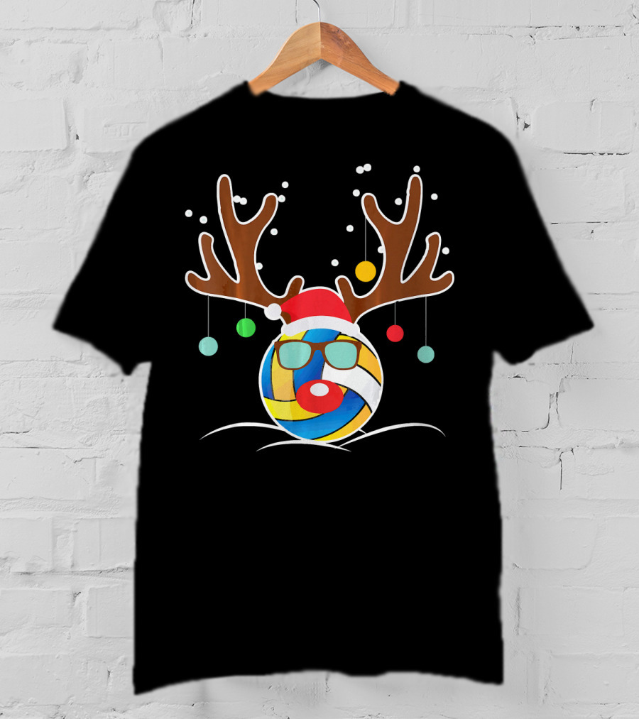 Volleyball Christmas Funny Reindeer Santa Hat Antlers Sunglasses Holiday Ornaments T-Shirt