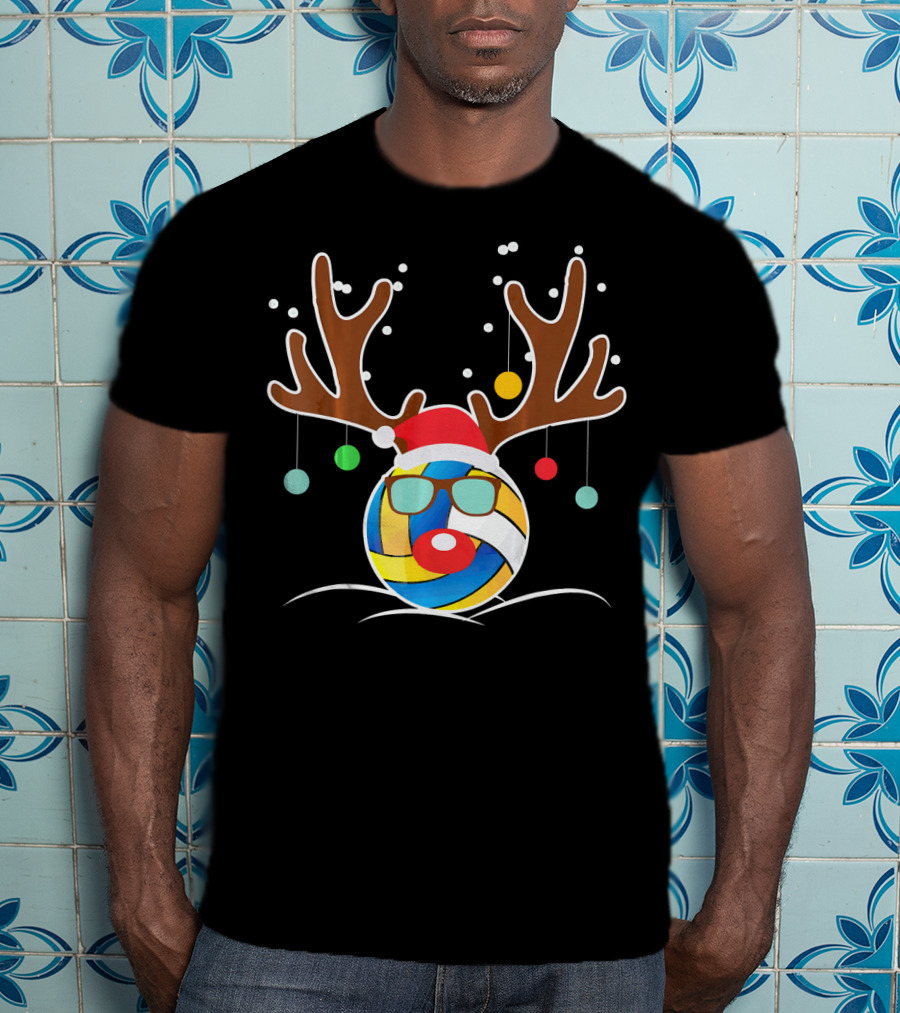 Volleyball Christmas Funny Reindeer Santa Hat Antlers Sunglasses Holiday Ornaments T-Shirt