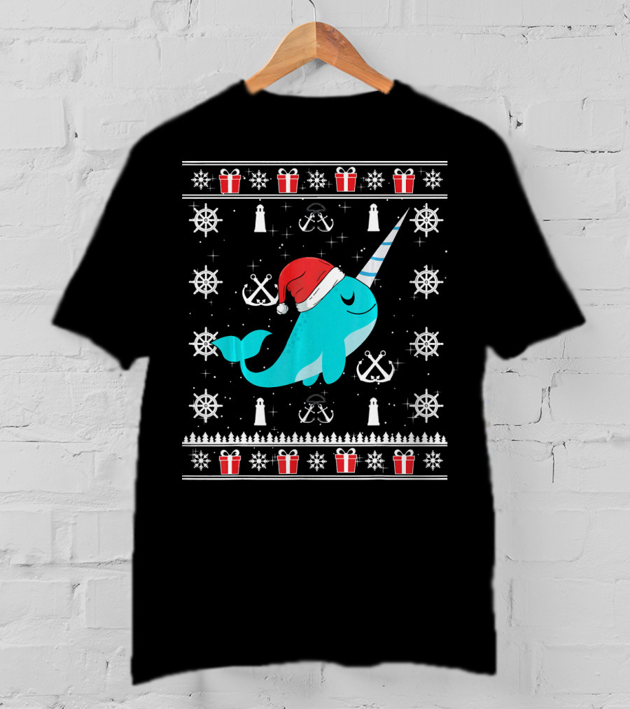 Narwhals Christmas Style With Santa Hat Anchors And Snowflakes T-Shirt