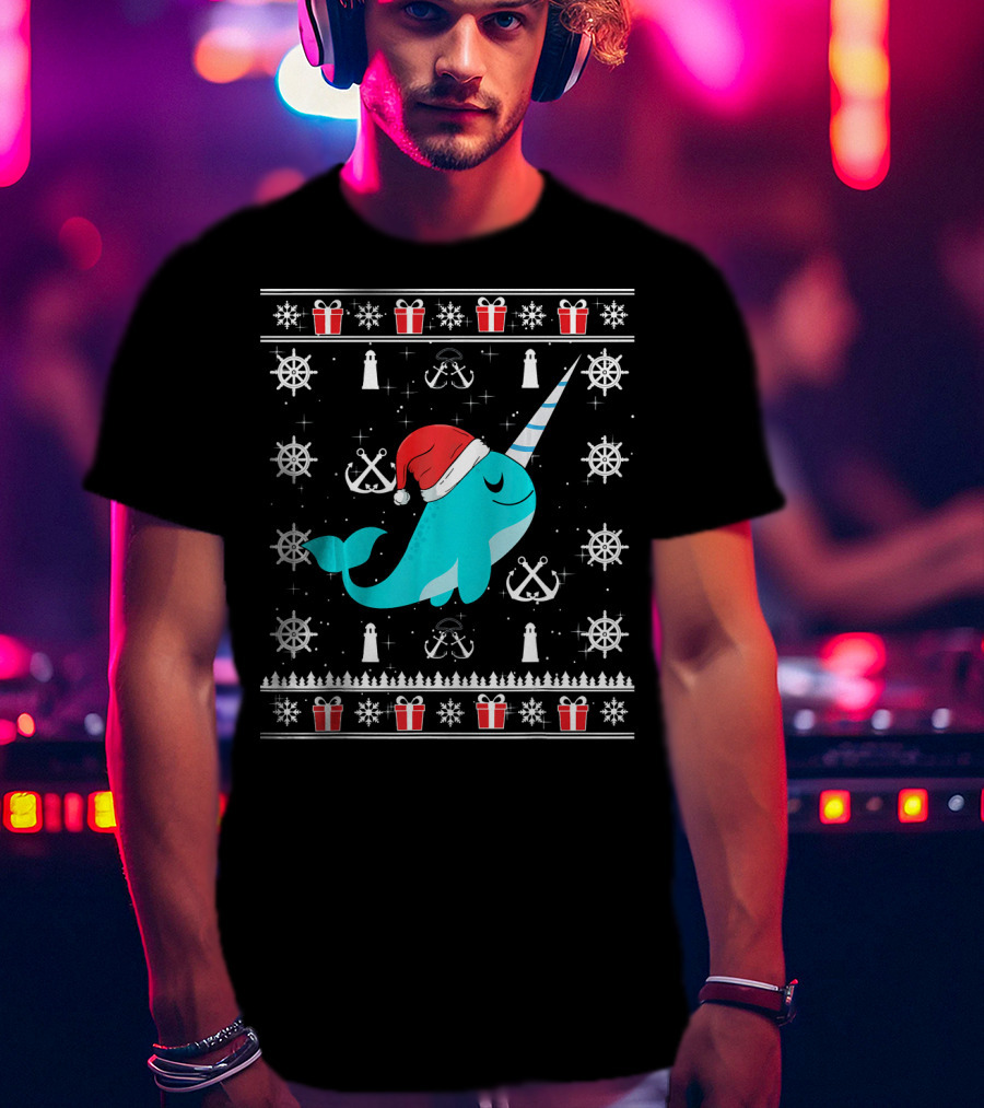 Narwhals Christmas Style With Santa Hat Anchors And Snowflakes T-Shirt